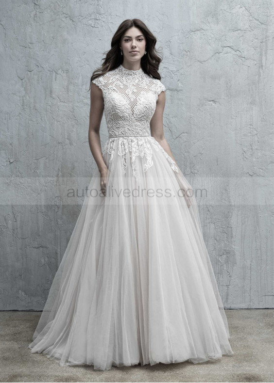Cap Sleeve High Neck Beaded Ivory Lace Tulle Wedding Dress